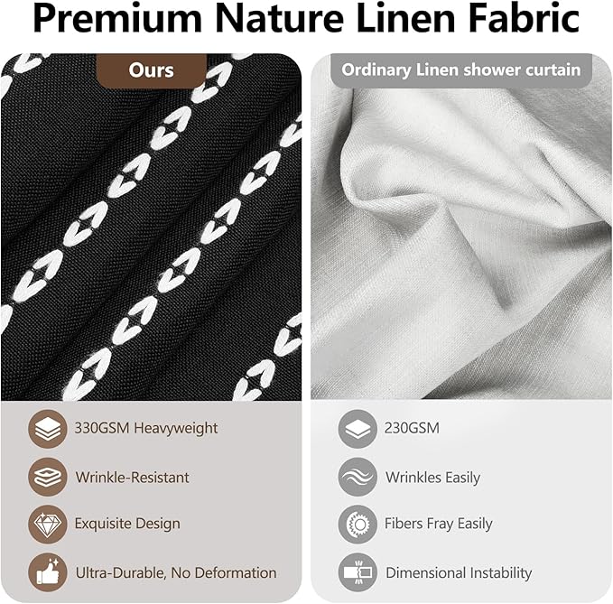 72 x 76 inch Extra Long Boho Chic Shower Curtain Heavyweight with Tassels, Soft Linen Textured Fabric Farmhouse Shower Curtain, Elegant Black and White Striped Bathroom Curtain Water Repellent - Image 2