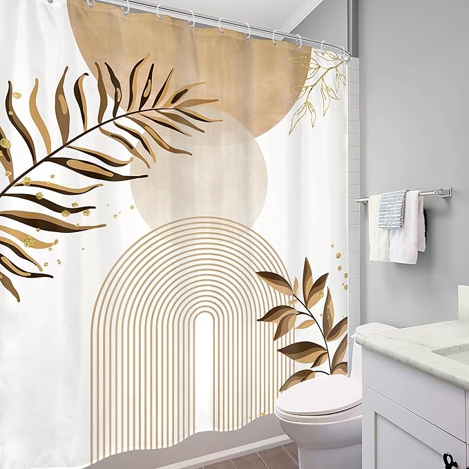 Beige Boho Shower Curtain 60Wx72H Bohemian Abstract Modern Mid Century Leaves Minimalist Contemporary Plant Cream Bathroom Decor Arch Simple Neutral Bath Curtain Fabric Polyester 12 Pack Hooks - Image 4
