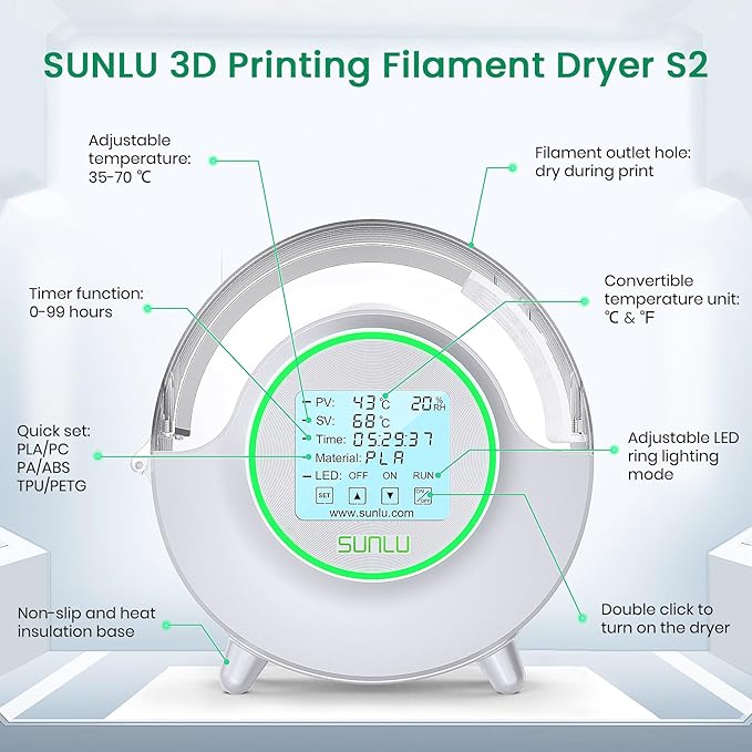 SUNLU Official Filament Dryer S2, Built-in Circulation Fan, 70℃ Max Temperature, 3D Printer Filament Dehydrator and Storage Box fo Nylon TPU PLA PETG ABS Filament 1.75/2.85/3.00mm, S2 White - Image 5