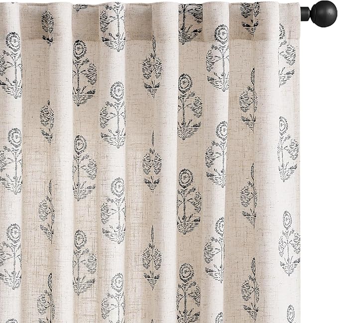 jinchan Linen Floral Curtains for Living Room 96 Inch Length Black Flower Cottage Core Farmhouse Curtains Rod Pocket Back Tab Boho Semi Sheer Window Drapes Bedroom Set 2 Panels Black on Beige by JINCHAN