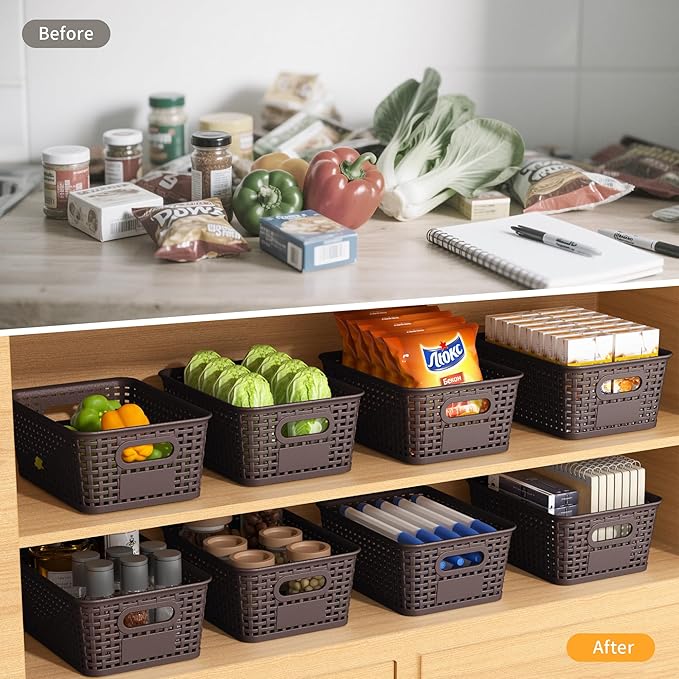 Brown Plastic Storage Baskets - Pack of 8 with Labels Stackable Durable Storage Bins, Storage Containers for Organizing Desktops, Closets, Playrooms, Classrooms, Offices - Image 4