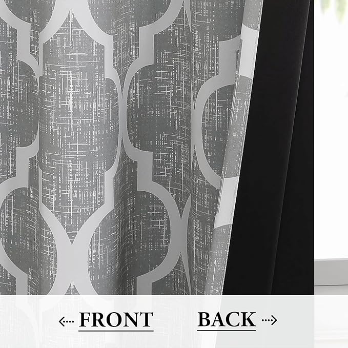 Beauoop 100% Blackout Curtains 54 Inches Long 2 Panels for Bedroom Living Room Grey Moroccan Geo Room Darkening Thermal Insulated Soundproof Grommet Top Window Treatments Drapes, 50x54 Set of 2 - Image 3