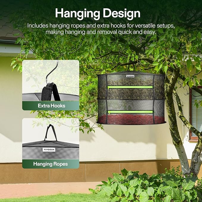 VIVOSUN 2-Layer Mesh Drying Rack Hanging Design with Green Zippers for Dehydrating, Indoor and Outdoor Pruning Shears Included (Pack of 2) - Image 3