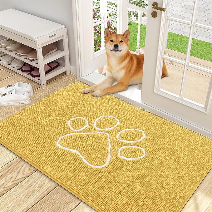 OLANLY Dog Door Mat for Muddy Paws 48x30, Paw Print Design, Absorbs Moisture and Dirt, Absorbent Non-Slip Washable Doormat, Quick Dry Chenille Mud Mat for Dogs, Entry Indoor Entryway Carpet, Yellow by OLANLY