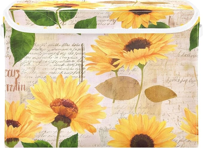 xigua Yellow Sunflower Storage Bins with Lids and Carrying Handle,Foldable Storage Boxes Organizer Containers Baskets Cube with Cover for Home Bedroom Closet Office by LLCxigua
