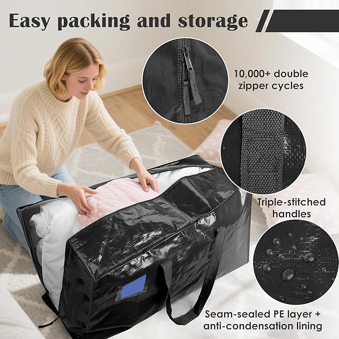 6 Pack Extra Large Heavy Duty Moving Bags with Reinforced Zipper & Wide Handles, Moisture-Resistant Storage Bins Packing Cubes for Clothes, College Dorm, Travel, and Home Organization, Black - Image 3
