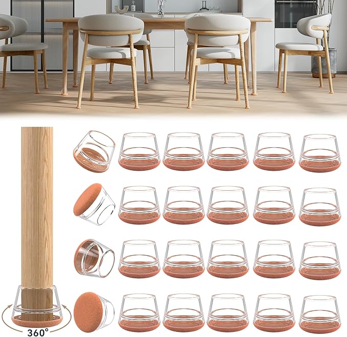 24PCS Upgraded Silicone Chair Leg Floor Protectors for Hardwood Floors, Furniture Sliders for Chair Legs, 360°Felt Pad Bottom Wrapped Thickening Furniture Pads Cap Covers to Scratch and Reduce Noise by Violibar