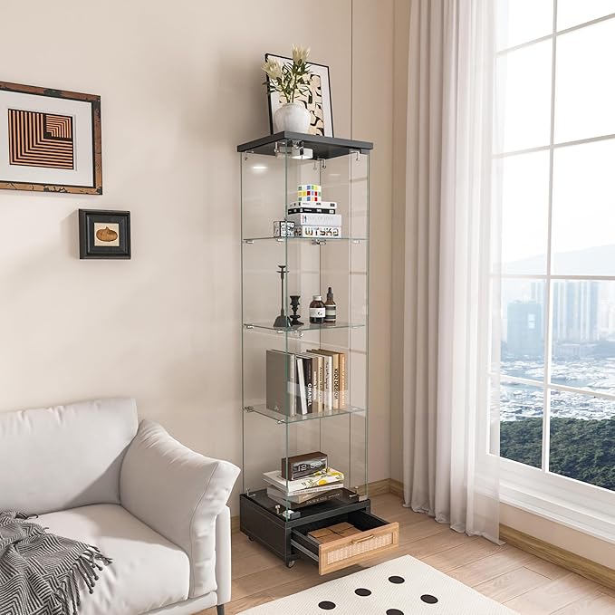 Yoluckea 4-Tier Glass Display Cabinet with LED Lighting and Drawer, 1-Door Floor Standing Curio Cabinet with Wheel for Home, Office, Corner Display, Black Glass Bookshelf for Collections and Decor - Image 3