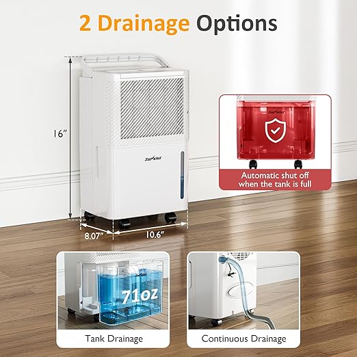 25 Pint Dehumidifier with Drain Hose: for Whole Home & Large Rooms up to 1500 Sq.Ft, 71OZ Tank, Auto Shut Off, 24H Timer, Ideal for Basement, Bedroom, Garage, RV, White - Image 4
