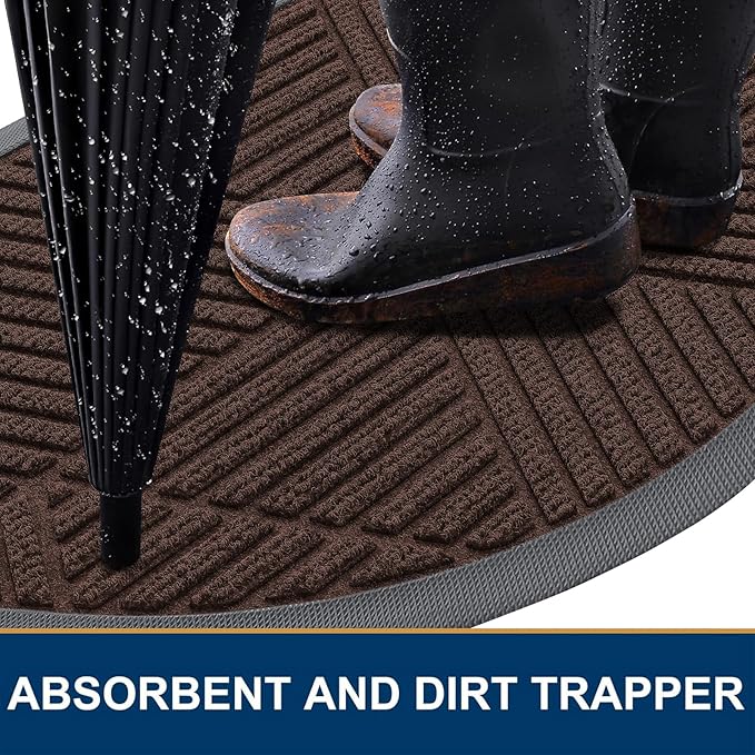 Smiry Half Circle Front Door Mat Outside Entrance, Heavy Duty Sturdy Natural Rubber Doormat, Trap Dirt and Moisture, Low Profile Mats for Indoor Outdoor Entry, Irregular Triangle (29.5x17, Dark Brown) - Image 3