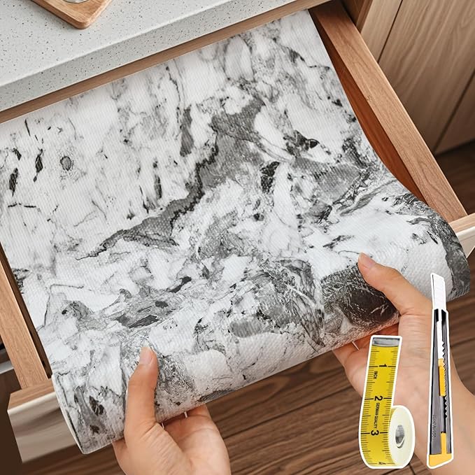 Drawer and Shelf Liner for Kitchen Cabinet: 17 in X 20 Ft Non Slip Waterproof Shelf Paper Non Adhesive Refrigerator Liners Grey and White Marble Easy Liners for Bathroom with Knife Tape Measure - Image 9
