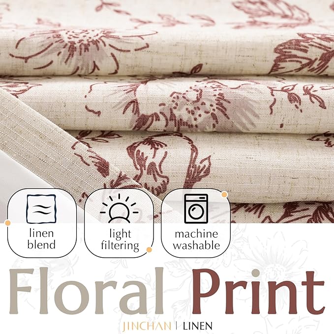 jinchan Lined Linen Blend Curtain Floral Curtains for Living Room 90 Inches Long Farmhouse Red Flower Printed Curtain Rod Pocket Back Tab Peony Patterned Drapes Curtains Set 2 Panels - Image 2