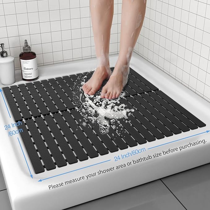 ​Shower Mat Non-Slip Bath Mat for Tub and Shower Stall,200+ Suction Cups with Drain Holes, Quick Dry Machine Washable, Extra Grip for Stand Up Showers, Bathroom Essentials 24x24 Inch(Black) - Image 3