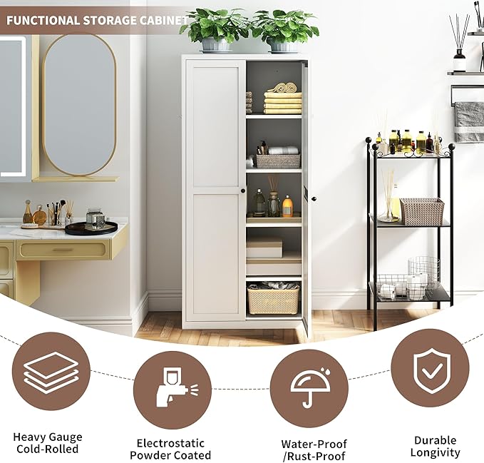 Kitchen Pantry Storage Cabinets with 4 Adjustable Shelves, 61" Tall Kitchen Cupboard Metal Food Pantry Cabinet for Kitchen, Dining Room, Living Room and Bathroom, Assembly Required(White) - Image 4