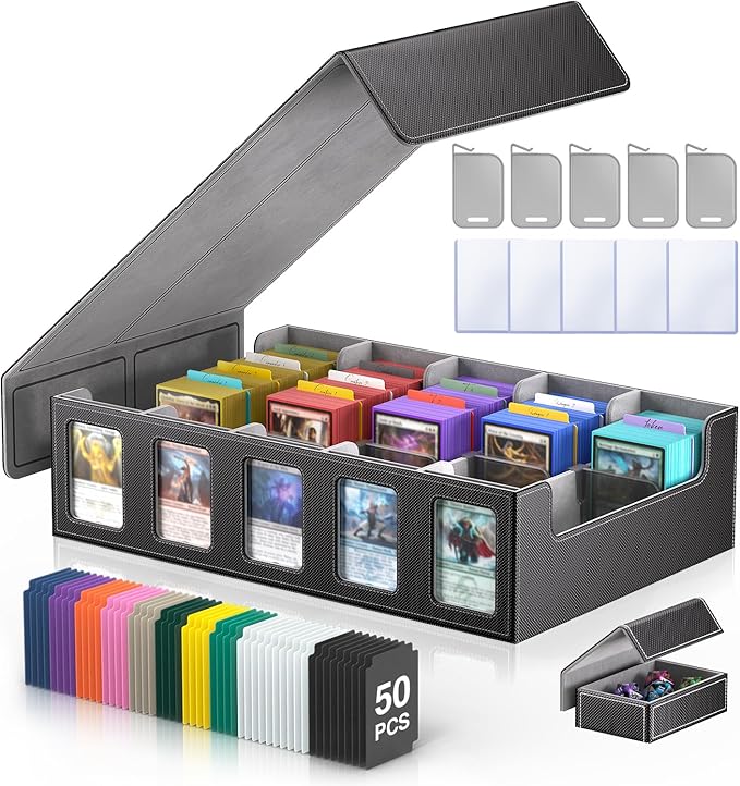 Trading Card Storage Box 5-Row 3900+ Capacity,TCG MTG Card Case with Magnetic Lid & Commander Display,Top Loader Storage for Sports Cards,Includes Dividers Dice Box by MORCCO
