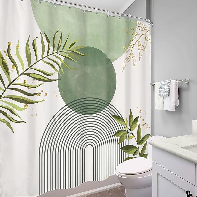 Sage Green Boho Shower Curtain 72Wx72H Modern Abstract Bohemian Leaves Minimalist Neutral Botanical Geometric Arch Bathroom Decor Mid Century Plant Bath Curtain Fabric Polyester 12 Pack Hooks - Image 4