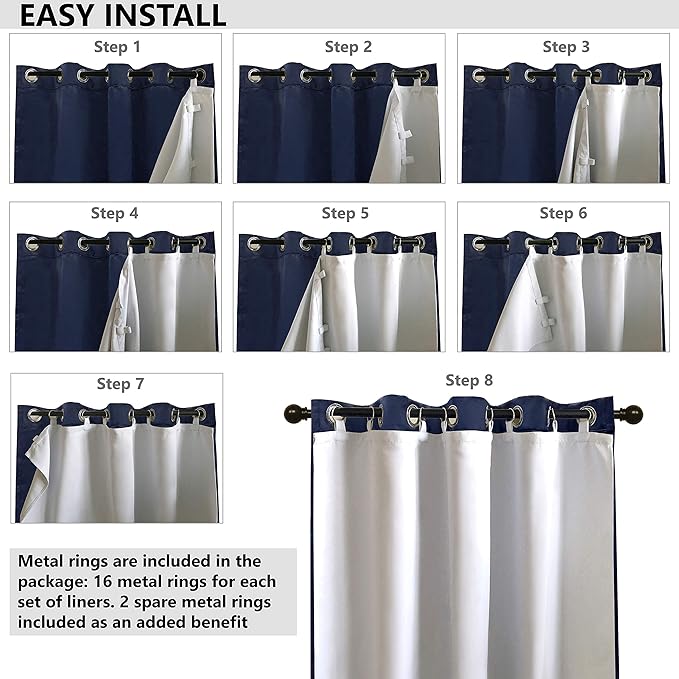 DriftAway Thermal Insulated 100 Percent Darkening Blackout Curtain Liner 2 Panels Each Liner Size 50 Inch by 92 Inch Rings Included Off White Panel - Image 4