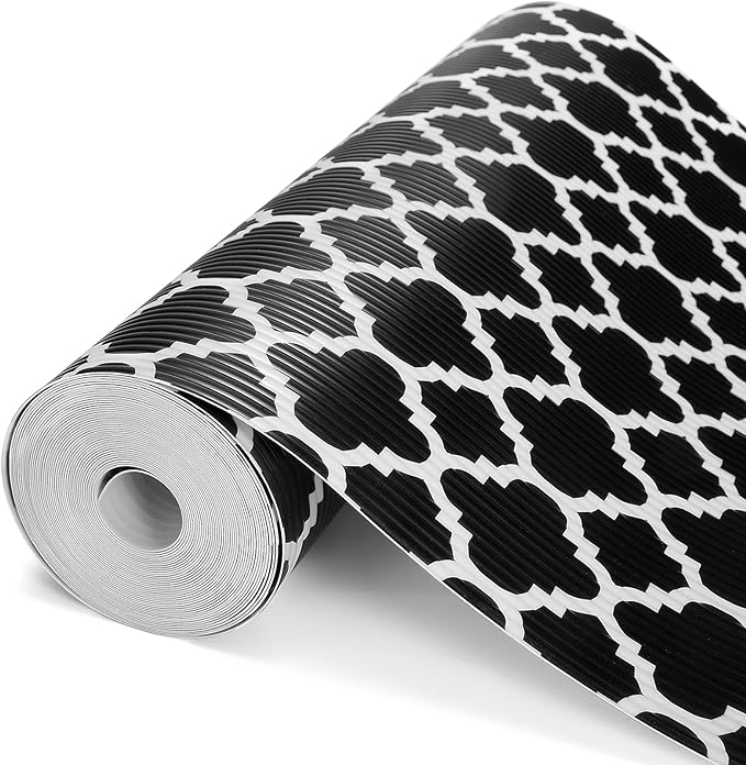 Glotoch Shelf Liners for Kitchen Cabinets 17.5” x 30 ft, Non Slip Drawer Liner, Waterproof Cabinet Liner for Wire/Pantry/Closet/Dresser-Non Adhesive, Heavy Duty, Quatrefoil, Black&White by GlotochExpress