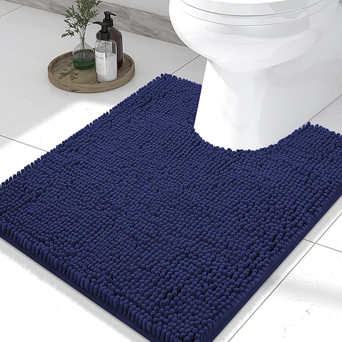 Smiry Luxury Chenille Toilet Rugs U-Shaped 24x20, Soft Absorbent Non-Slip Contour Bathroom Rugs for Toilet, Machine Washable Contoured Bath Mats, Navy Blue by Smiry