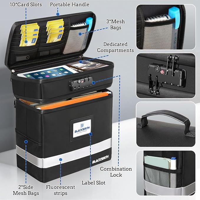 BlackSmith Fireproof Document Box With Lock, 4200°F Heat Resistant & IPX3 Waterproof 2 Layer Document Bag with Hanging File Organizer for Letter Size, Portable File Safe Box for Office, Travel - Image 4