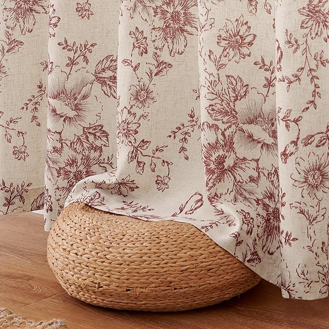 jinchan Lined Linen Blend Curtain Floral Curtains for Living Room 84 Inches Long Farmhouse Red Flower Printed Curtain Rod Pocket Back Tab Peony Patterned Drapes Curtains Set 2 Panels - Image 8