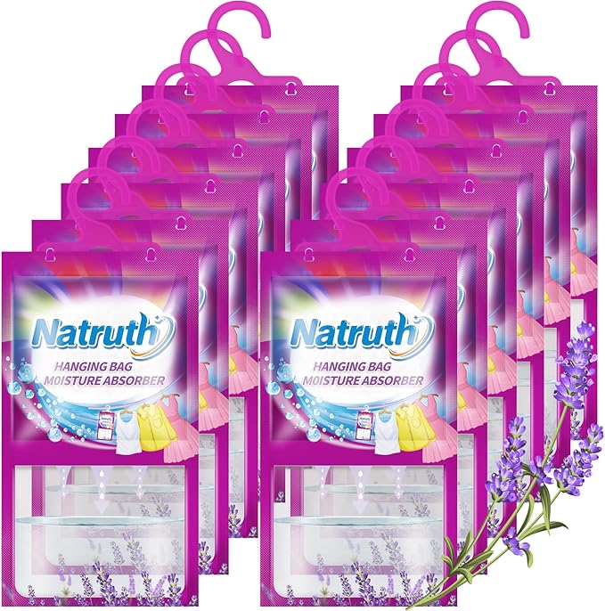 NATRUTH 12-PACK Moisture Absorber Bags With Lavender,Desiccant Hanging Bag Use for Kitchen Bathroom Wardrobe, Eliminates Odors，Odor Absorber Humidity Packs, Hanging Closet Dehumidifier Bags for Closet by HOME