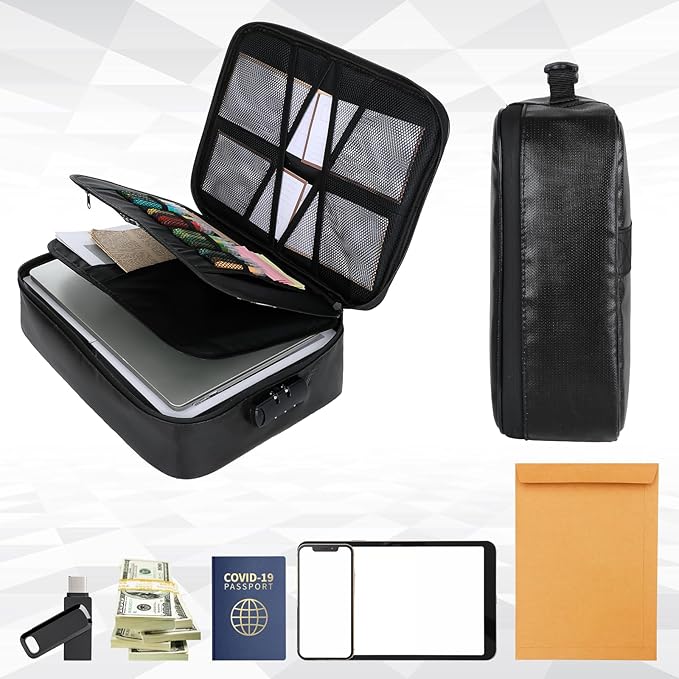 Fireproof Document Box with Lock, Waterproof File Organizer Portable Travel Safe Storage Black Insulated Document Holder for Important Documents Passport Certificates Money U Disk Cards - Image 4