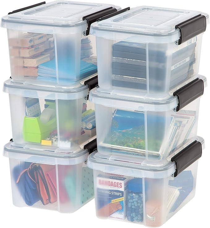 IRIS USA 7 Quart WEATHERPRO Plastic Storage Box with Durable Lid and Seal and Secure Latching Buckles, 6 Pack, Weathertight, Keep Pest Dust and Moisture Out, Clear/Black by IRISUSA