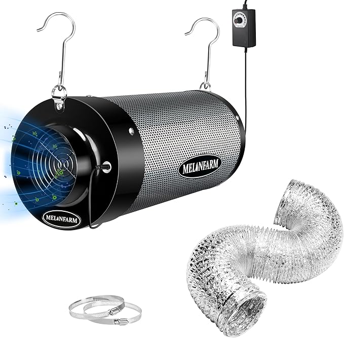 MELONFARM Air Filtration Kit 6", Built-in 14cm Fan Low Nois Carbon Filter with 12-Speed Controller, 8' Ducting, Cooling & Ventilation System for Grow Tents, Indoor Gardening, Hydroponics 6“x13.4" by MELONFARM