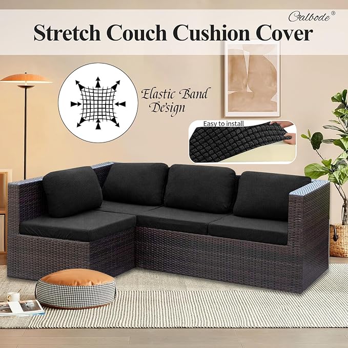 8Pcs Outdoor Stretch Cushion Covers,Waterproof Outdoor Chair Cushion Covers for Patio Furniture, Washable Jacquard Couch Covers Replacement for Patio Furniture(Black, Cover Only) - Image 7
