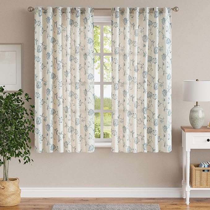 jinchan Linen Curtains Floral Curtains 63 Inch Length for Living Room Bedroom Light Filtering Rod Pocket Back Tab Jacobean Curtains Flax Linen Texture Window Drapes Set 2 Panels Blue on Linen - Image 2