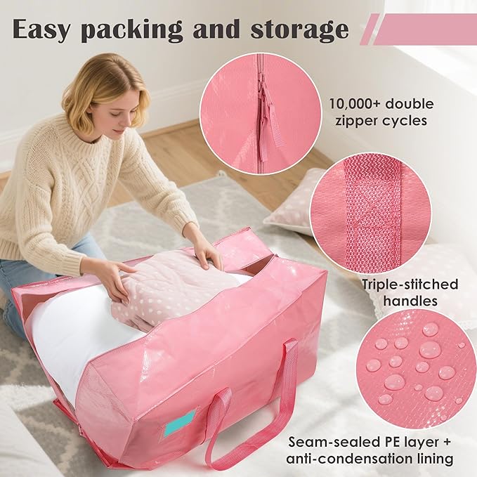 6 Pack Extra Heavy Duty Large Moving Bags with Reinforced Zipper & Wide Handles, Waterproof Storage Bins for Clothes, College Dorm, Travel, and Home Organization, Pink - Image 3