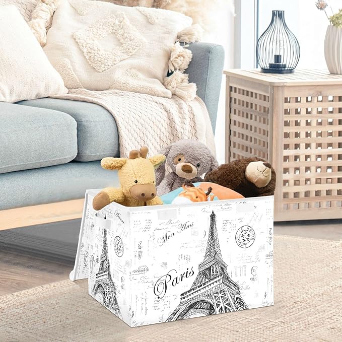 Kigai Paris Eiffel Tower Lidded Home Storage Bins, Foldable Storage Basket with Double Handle, Flip-Top Storage Box for Clothes Documents - Image 5