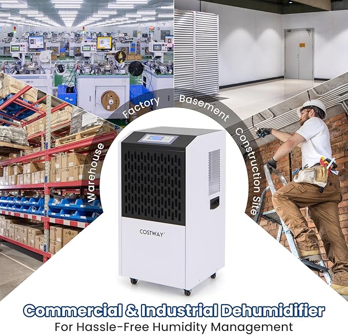 COSTWAY 250 Pints Commercial Dehumidifier with Drain Hose, Industrial Heavy Duty Dehumidifier, 24H Timer & 4 Wheels for Basement, Warehouse, Water Damage Restoration, Large Spaces up to 8,500 Sq.Ft - Image 4