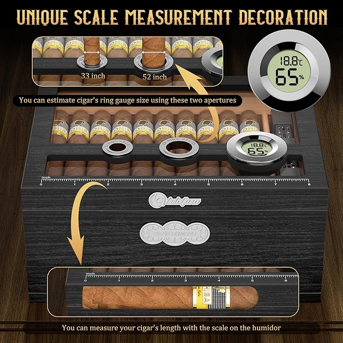 Cigar Humidor, Glass Top Desktop Humidor Box, Cigar Gifts for Men, Cedar Wood Cigars Case with Digital Hygrometer, Humidifier, Measuring Scale and Cigars Accessories Drawer - Image 5