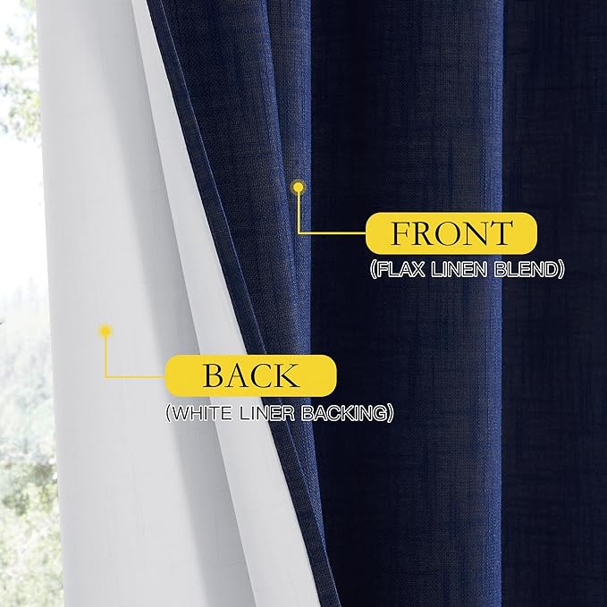 NICETOWN 100% Absolutely Blackout Linen Curtains with Thermal Insulated White Liner, Dark Blue, 52" Wide, 2 Pieces, Privacy Vertical Window Drapes for Office Laundry Living Room Windows 84 inch Long - Image 5