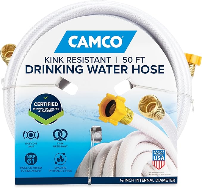 Camco TastePURE 50-Ft Water Hose - RV Drinking Water Hose Contains No Lead, No BPA & No Phthalate - Features Diamond-Hatch Reinforced PVC Design - 5/8” Inside Diameter, Made in the USA (22793) by Camco