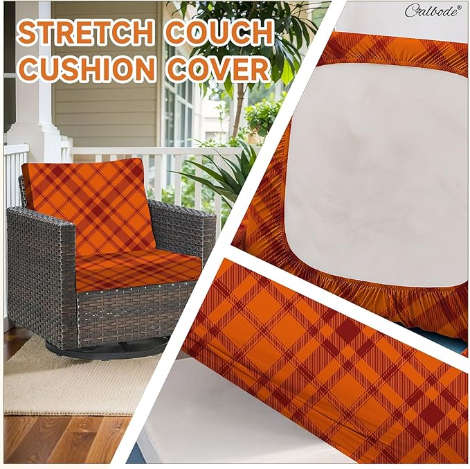 8Pcs Stretch Cushion Covers Outdoor Cushion Cover Replacement Slipcovers Grid Chair Seat Covers for Indoor Patio Furniture Protector(Orange Plaid, CoverOnly) - Image 4