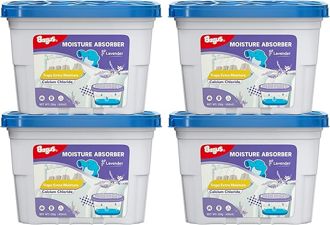 Bagus Moisture Absorbers Boxes (4 Pack) - 10.5 Oz Dehumidification Containers for Closet, Bathroom, Storage, Kitchen, Car, RV, Boat | Long-Lasting Humidity Control & Odor-Free Solution(Lavender Scent) by Bagus
