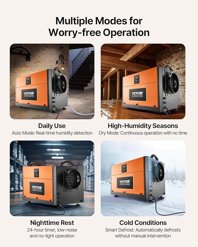 VEVOR 156 Pints Commercial Dehumidifier with Drain Hose, Portable Crawl Space Dehumidifiers for Basement Storage Room Industrial Grade, Auto Defrost/Drainage, Heavy-duty Galvanized Steel, LED Indicate - Image 4