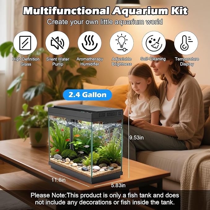Smart Aquarium Fish Tank with Silent Water Pump, 2.4 Gallon Small Aquarium with Quick Start Kit, Temperature Display, Humidifier and RGB Lights, Perfect for Home, Office, and Decor, Black - Image 2