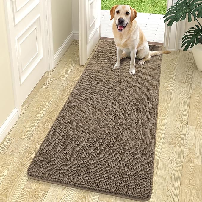 OLANLY Dog Door Mat for Muddy Paws 70x24, Absorbs Moisture and Dirt, Absorbent Non-Slip Washable Doormat, Quick Dry Chenille Mud Mat for Dogs, Entry Indoor Entryway Carpet for Inside Floor, Tan by OLANLY