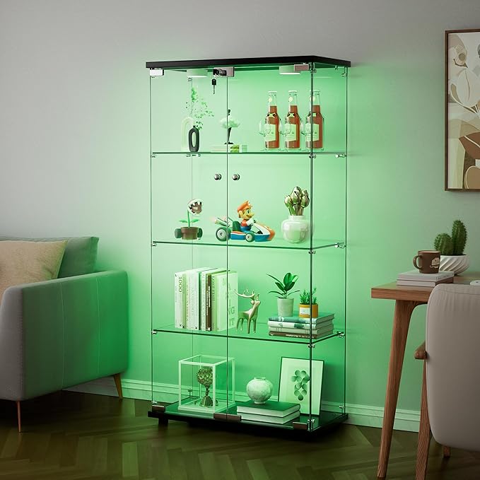 Yoluckea 4 Shelves Glass Display Cabinet with LED Light and 2 Doors, Curio Collection Glass Display Case, Floor Standing Bookshelf Corner Cabinet for Book Toys Glory (Black) - Image 4