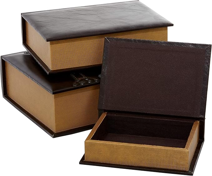 Deco 79 Wooden Decorative Box Faux Storage Book Book Shaped Boxes with Faux Leather Detailing, Set of 3 Decorative Keepsake Boxes 14", 11", 9"H, Brown - Image 3