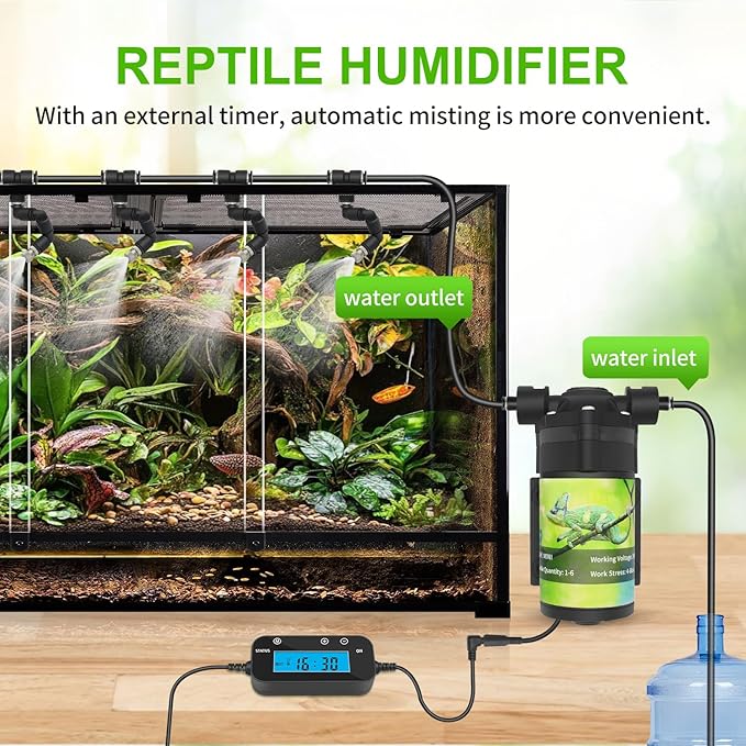 Reptile Mister System, External Timer & 360° Adjustable Nozzle, Humidifier for Reptiles, Amphibians, Rainforest Plants and Aquariums - Image 6