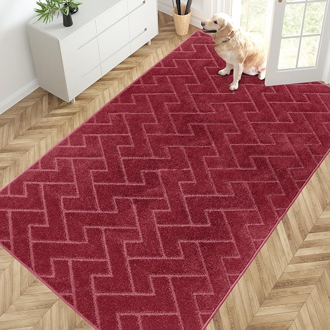 PURRUGS Easy Care Area Rug 4.5ft x 7ft, Non-Slip Machine Washable Entry Rug, Dog Door Mat, Stain Resistant Accent Rug for Hallway, Bedroom, Living Room and Mudroom, Cherry Red by PURRUGS