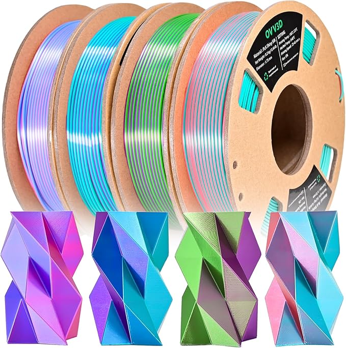OVV3D 3D Printer Filament, PLA Filament 1.75mm Bundle, Dual Color Filament, Coextrusion 3D Filament, Silk PLA, 3D Printing Filament +/-0.02mm, 200g X 4 Spool by OVV3D
