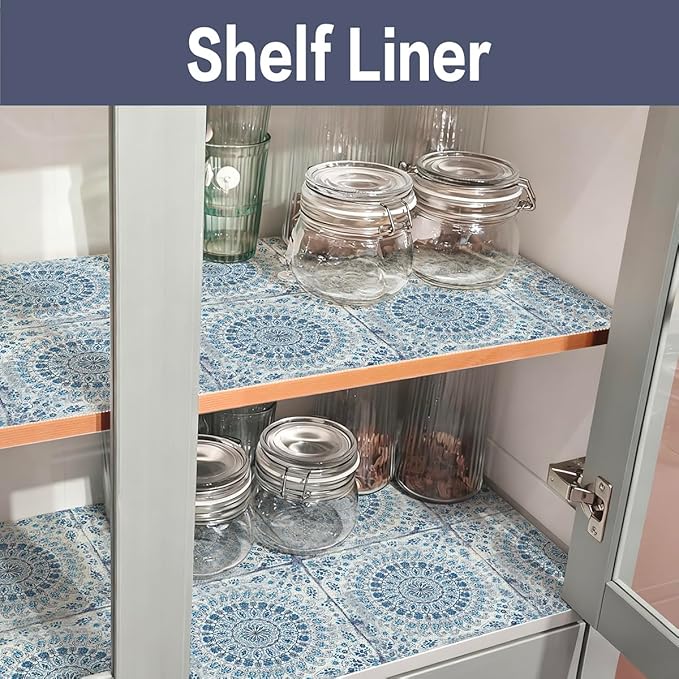 Drawer and Shelf Liner for Kitchen Cabinets Non-Adhesive Waterproof Boho Shelf Liner Strong Grip Non-Slip Drawer Liner Easy to Clean Blue Cabinet Liner for Shelf Dresser Cupboard 16IN × 10FT - Image 5