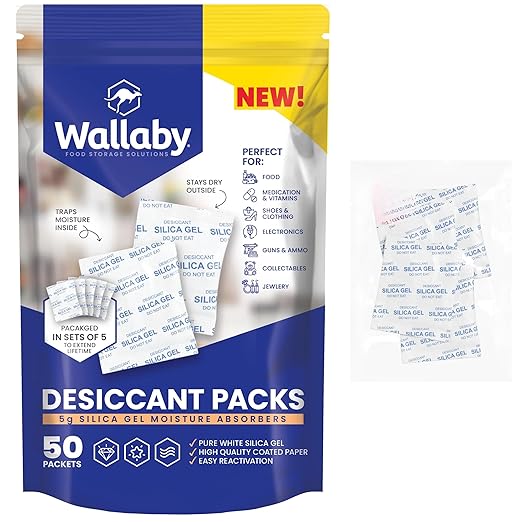 Wallaby 5 gram (50 Packets) Food Safe Pure White Silica Gel Desiccant Dehumidifier Packs - Rechargeable & Coated Moisture Absorbers - Protects Against Moisture Damage - (Packed in 10x Sets of 5) by WallabyGoods