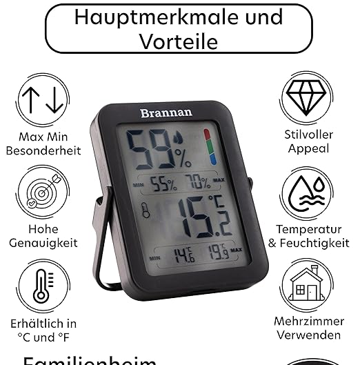 Brannan Max Min Thermometer Room Indoor Humidity Meter Hygrometer - Accurate Room Temperature Maximum Minimum Thermometer Recording Temperature Digital Display to Monitor House Home Office Nursery - Image 4